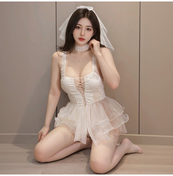 FEE ET MOI - Pearl-Embellished Front-Tie Bridal Lingerie Set (Plus Size - White)